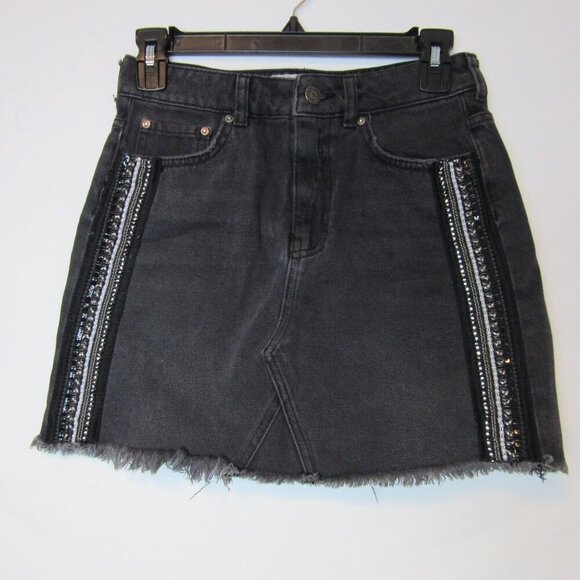 Free People Embellished Mini Jean Skirt Black Women's 0 Stripe Boho - Picture 1 of 6